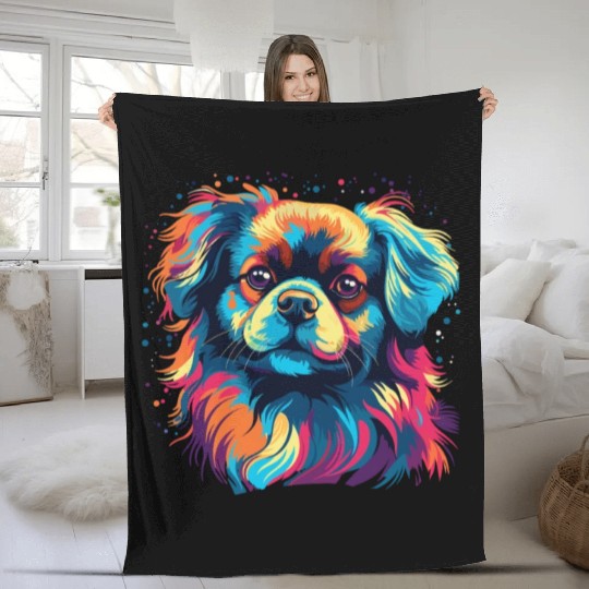 Watercolor Colorful Tibetan Spaniel Fleece Blankets