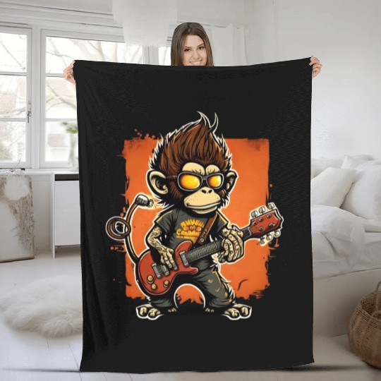 Monkey Chimpanzee Playing Acousitc Rock Guitar Fleece Blankets