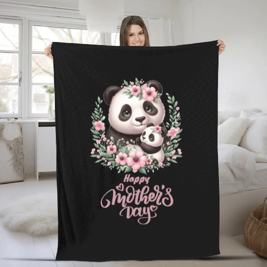 Happy Mother's Day Floral Wreath Mum Panda Fleece Blankets
