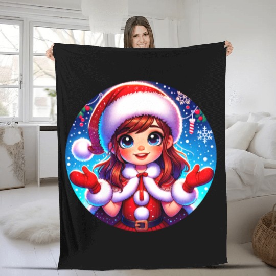 Santa Claus Girl Illustration Funny Christmas Fleece Blankets