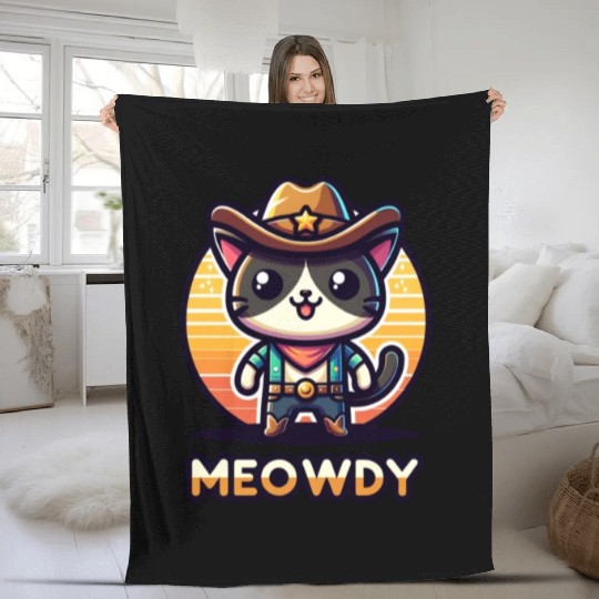Cute Meowdy Cat Cowboy Pun Fleece Blankets