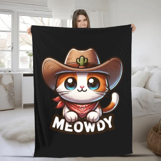 Cute Meowdy Cat Cowboy Pun Fleece Blankets