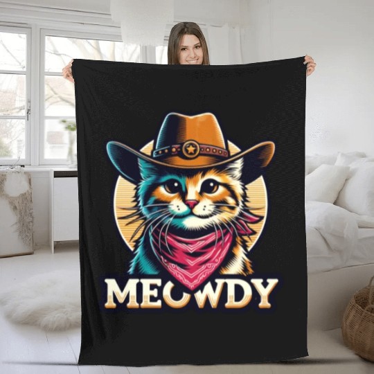 Cute Meowdy Cat Cowboy Pun Fleece Blankets