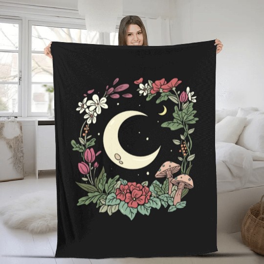 Mushroom Moon Cottagecore Naturecore Fleece Blankets