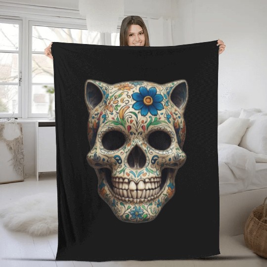 Talavera cat skull Fleece Blankets