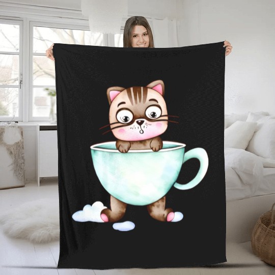 Surprised Silly Cat Wearing Coffee Cup Fleece Blankets