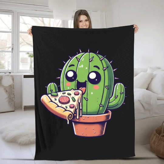 Cute Cactus Pizza Comic Fleece Blankets