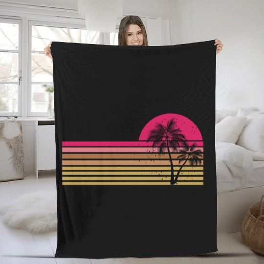 Retro Palm Tree Sun Rise Fleece Blankets