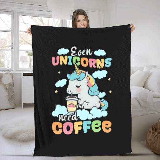 Unicorn Even Unicorns Need Coffee Fleece Blankets