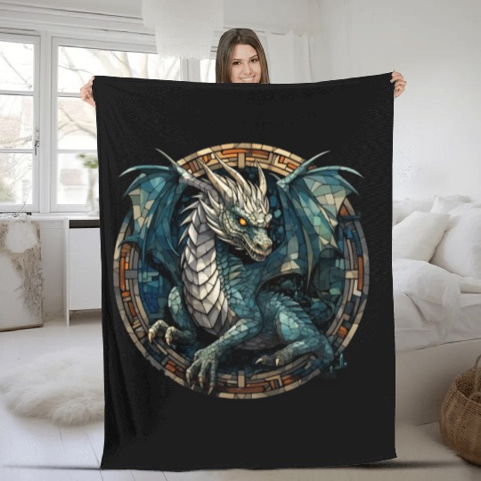 Cerulean Coil: The Stained Glass Dragon Fleece Blankets