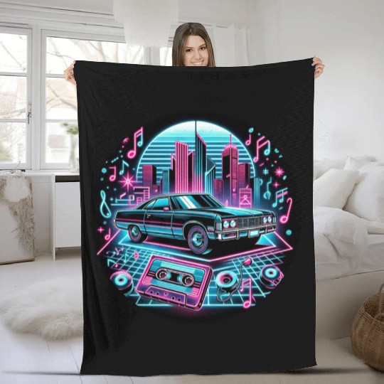 Retro Vintage Car & Cassette Tape Neon Design Fleece Blankets