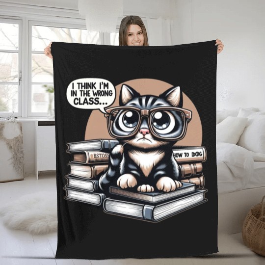 Funny Cat in Oversized Glasses Reading Humor Fleece Blankets