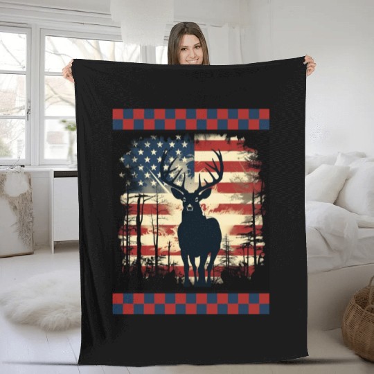 Ripped American Flag Woodland Camo Underlayer Fleece Blankets