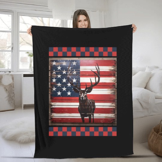 American Flag Deer Tracks Woodland Camo Hunting Fleece Blankets