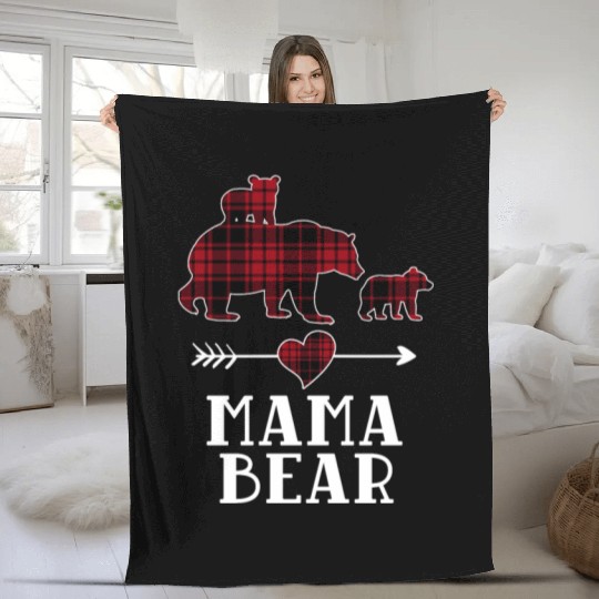 Mama Bear 2 Cubs Fleece Blankets Christmas Mama Bear Plaid