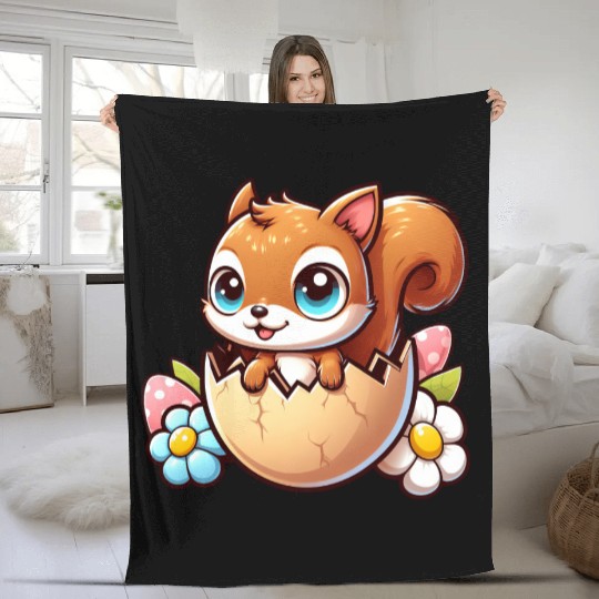Cute Squirrel with Easter Egg Comic Design Fleece Blankets