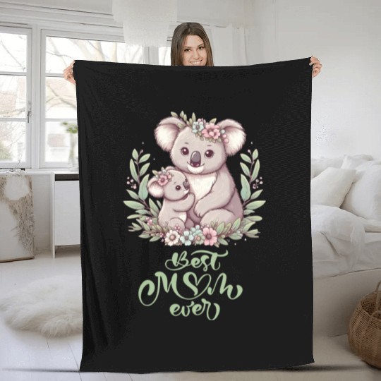 Best Mom Ever Koala Embrace Floral Wreath Fleece Blankets