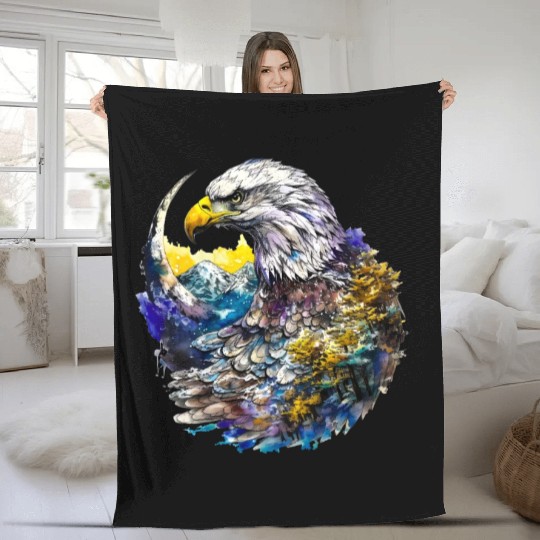 Wilderness Watercolor Forest Moon Eagle Fleece Blankets