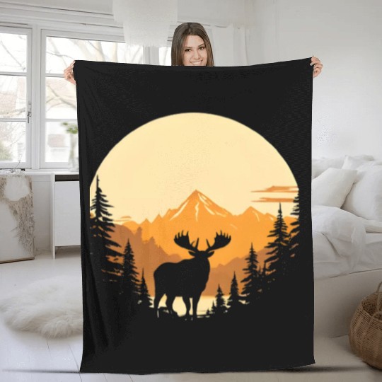 "Mountain Majesty Moose Sunset" Fleece Blankets