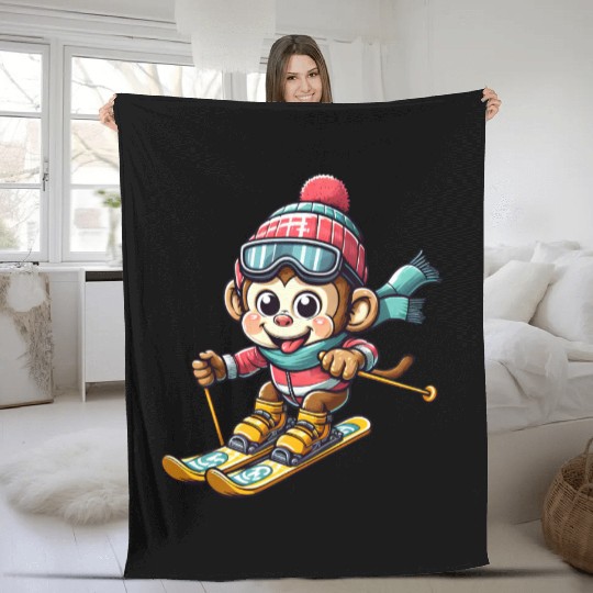 Monkey Chimpanzee Skier Winter Vacation Design Fleece Blankets