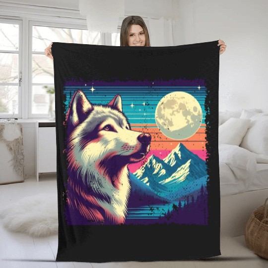 Retro Wolf Gazing at the Moon Fleece Blankets