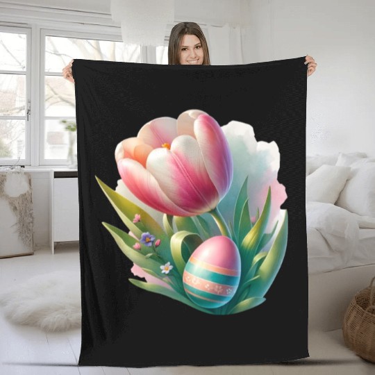 Spring Colorful Tulip With Easter Egg Fleece Blankets