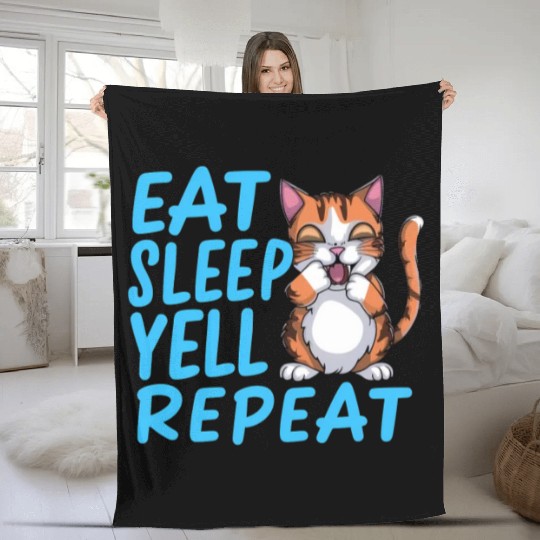 eat sleep yell repeat cat Fleece Blankets