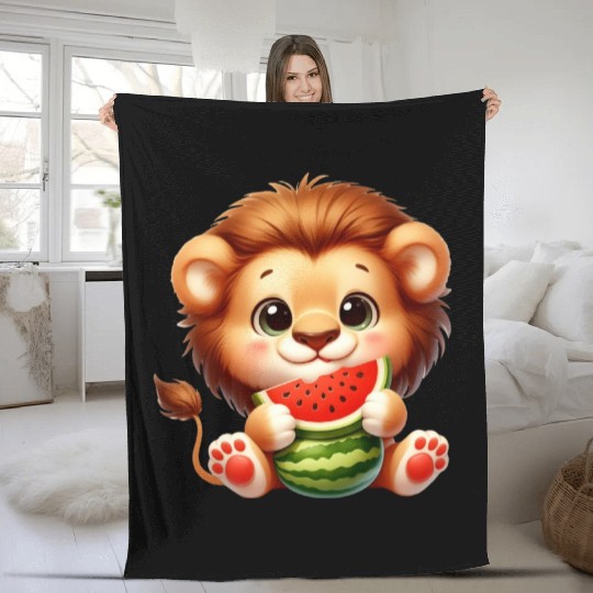 Lion Eating Watermelon Fleece Blankets