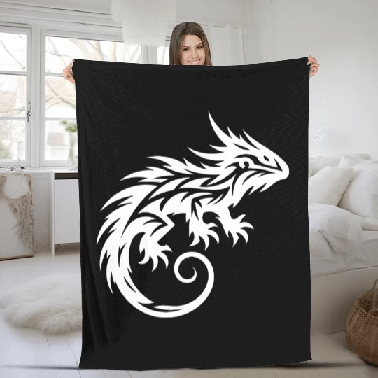 Shaggy Bearded Dragon Tribal Dragon Tattoo Fleece Blankets