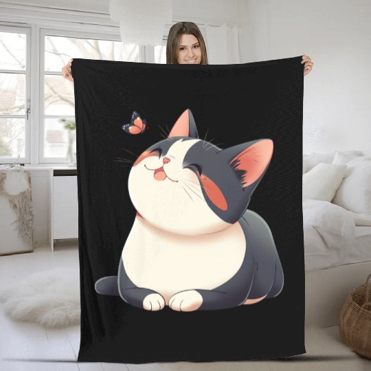 Kawaii Cat and Butterfly Fleece Blankets