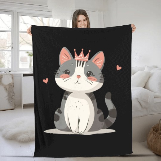Kawaii Cat Queen and Hearts Fleece Blankets