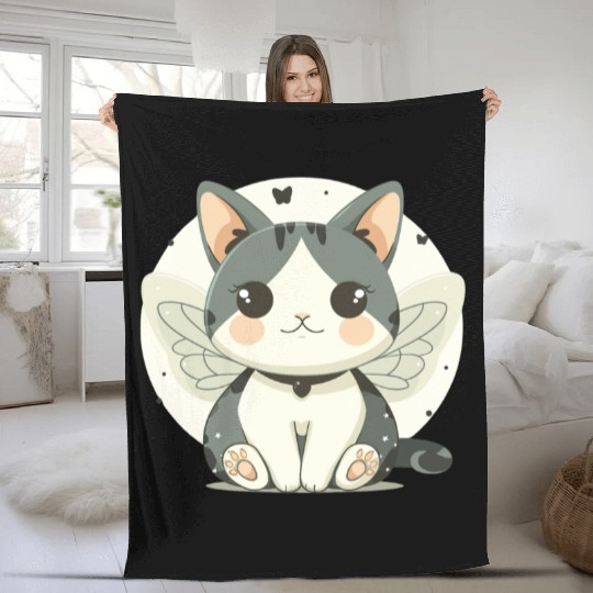 Kawaii Cat-Butterfly Fleece Blankets