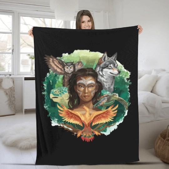 Wildlife Tribal Wolf Owl Turtle Woman for a Fleece Blankets