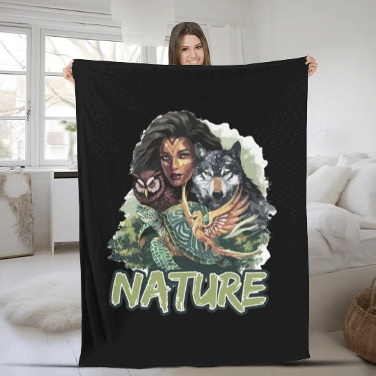 Nature-Inspired Wolf Owl Turtle Phoenix Woman Fleece Blankets