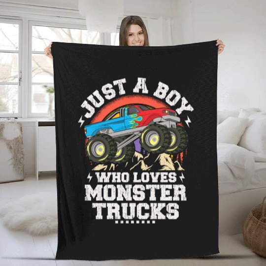 Just A Boy Who Loves Monster Trucks Toddler Kids Fleece Blankets