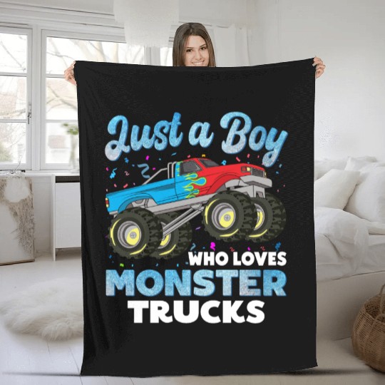 Just A Boy Who Loves Monster Trucks Toddler Kids Fleece Blankets