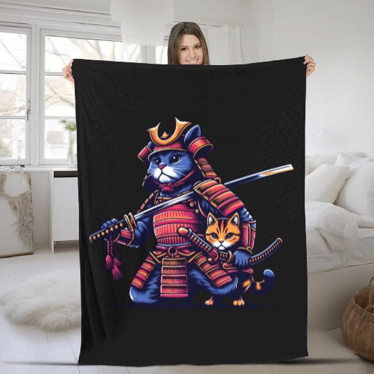 Light Samurai Cat Fleece Blankets