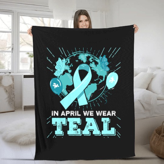 Sexual Assault Awareness Teal Ribbon With Cat Fleece Blankets