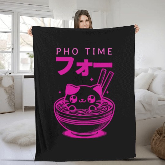 Pho Time Pink Cute Kitten in a Bowl Fleece Blankets