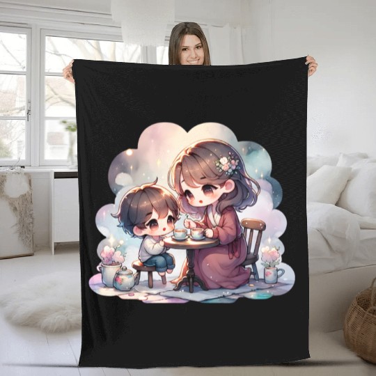 Mother and Son Enjoying a Cozy Tea Party Fleece Blankets
