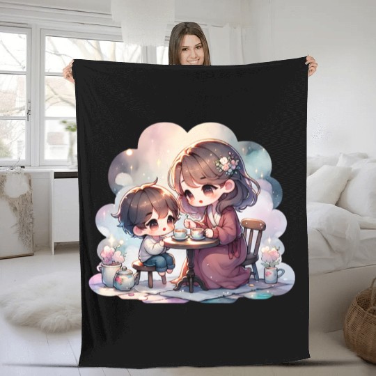 Mother and Son Enjoying a Cozy Tea Party Fleece Blankets