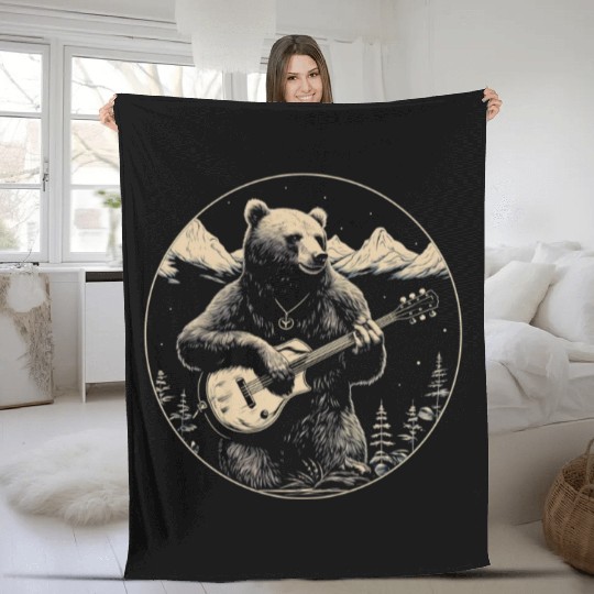 Grizzly Bear Playing Guitar Fleece Blankets