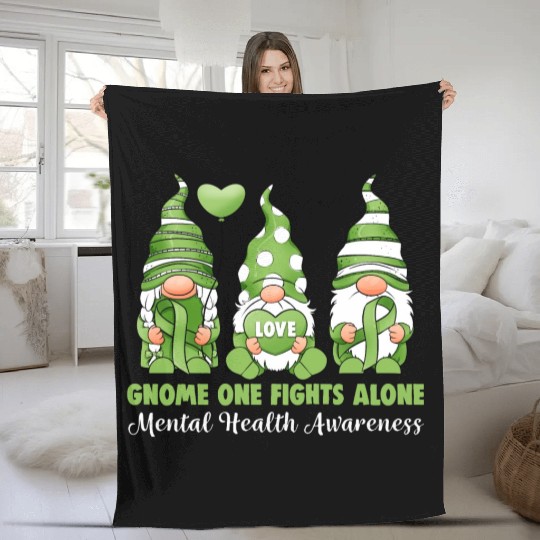 Gnome One Fights Alone Mental Health Awareness Fleece Blankets