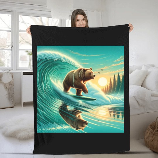 Grizzly bear windsurfing Fleece Blankets
