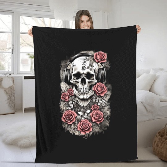 Rock & Roses Fleece Blankets: Skull, Roses & music nout