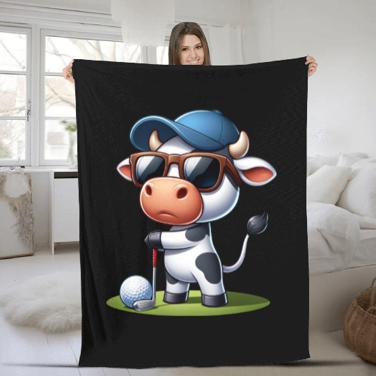 Cow Golfer Golf Course Dog Owner Fleece Blankets