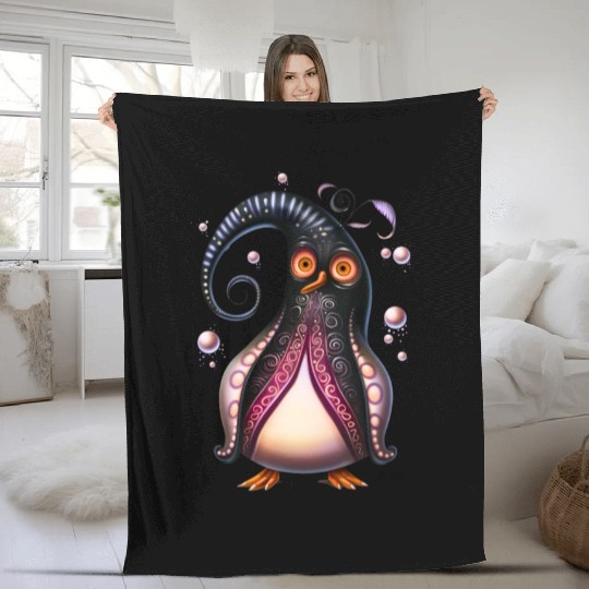 Surreal Swirls: Quirky Penguin in a Magical World Fleece Blankets