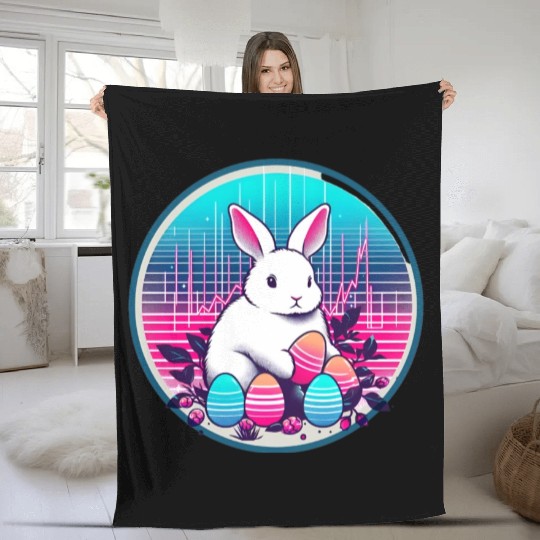 White Easter Bunny with Eggs Fleece Blankets