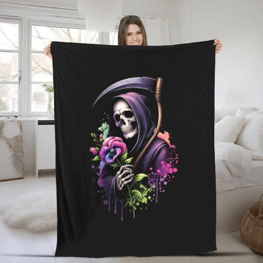 Grim Reaper Holding Sweet Pea flower Fleece Blankets