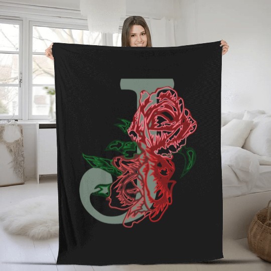Capital letter J monogram and contour rose flowers Fleece Blankets